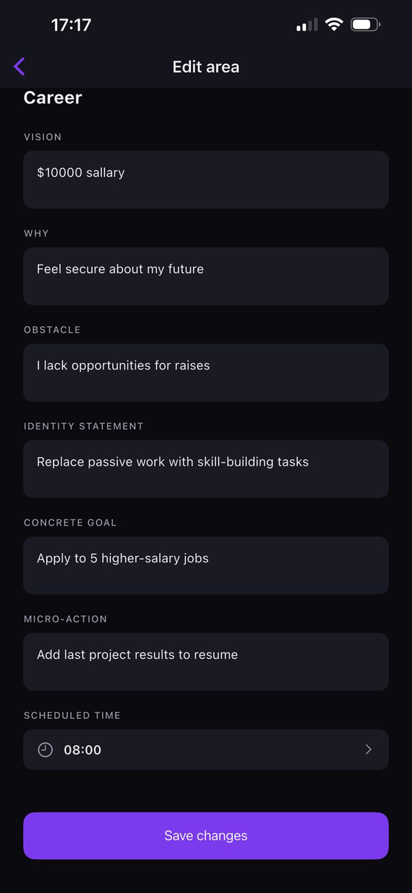 Edit area screen with all identity profile fields