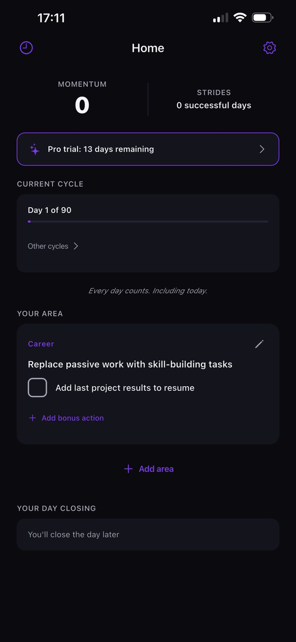 Stridak home screen showing momentum score, 90-day cycle progress, and daily micro-action card