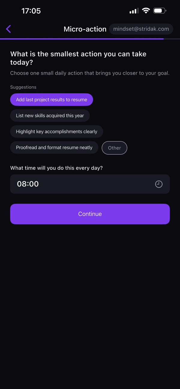 AI-suggested micro-actions with scheduled time picker