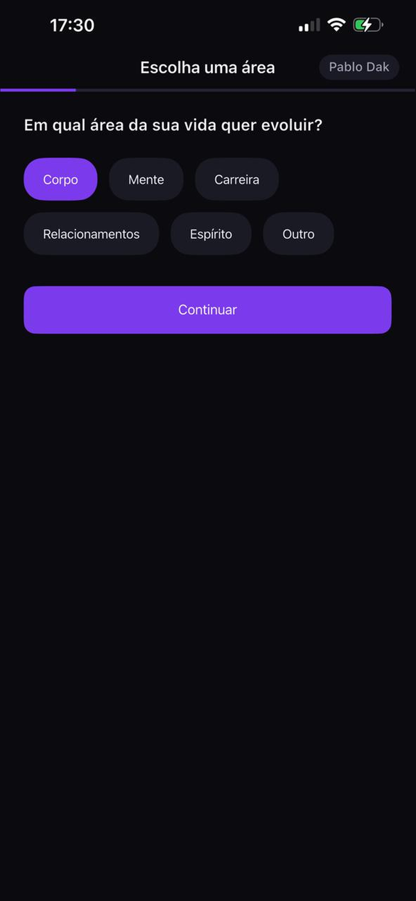 Tela de seleção de área com opções como Corpo, Mente, Carreira, Relacionamentos, Espírito