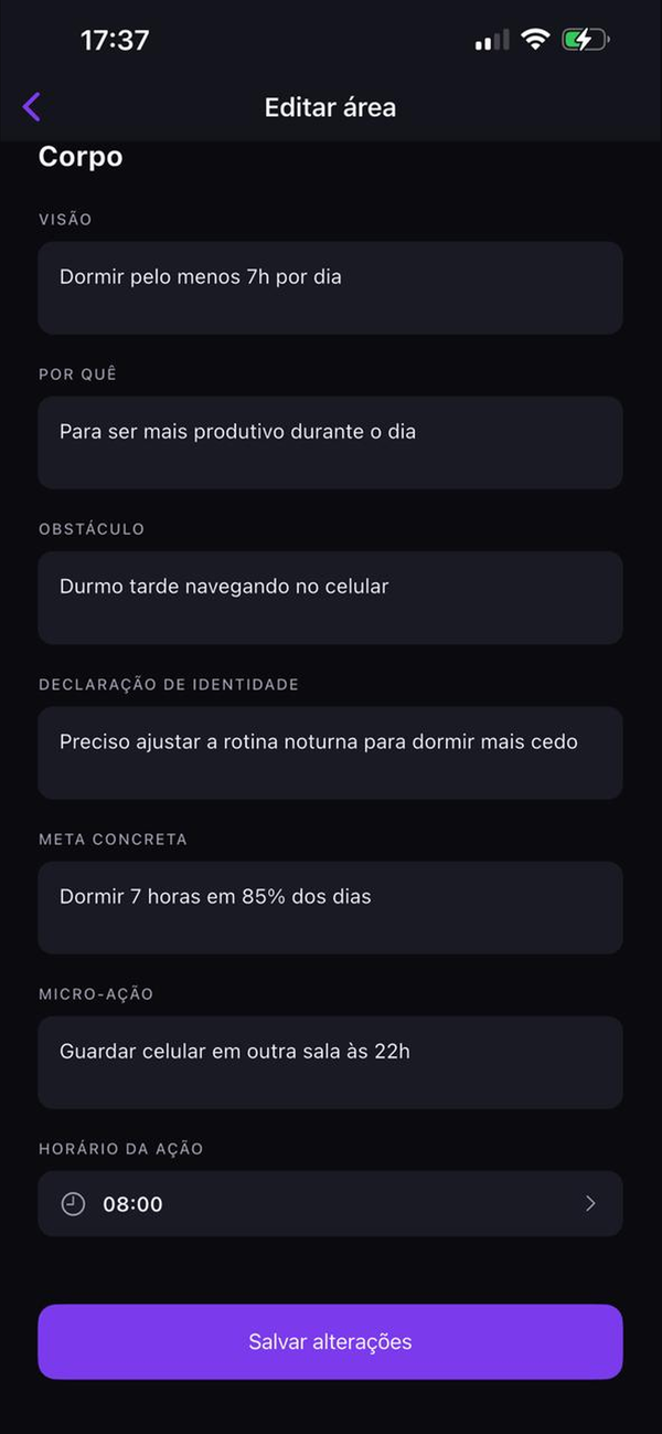 Tela de edição de área com todos os campos do perfil de identidade
