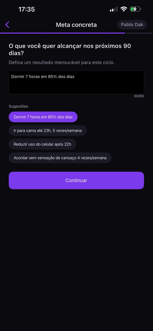 Sugestões de meta concreta de 90 dias geradas por IA