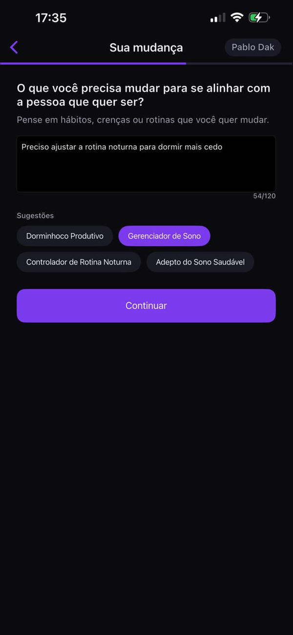 Sugestões de mudança de identidade geradas por IA com base nos seus objetivos e obstáculos